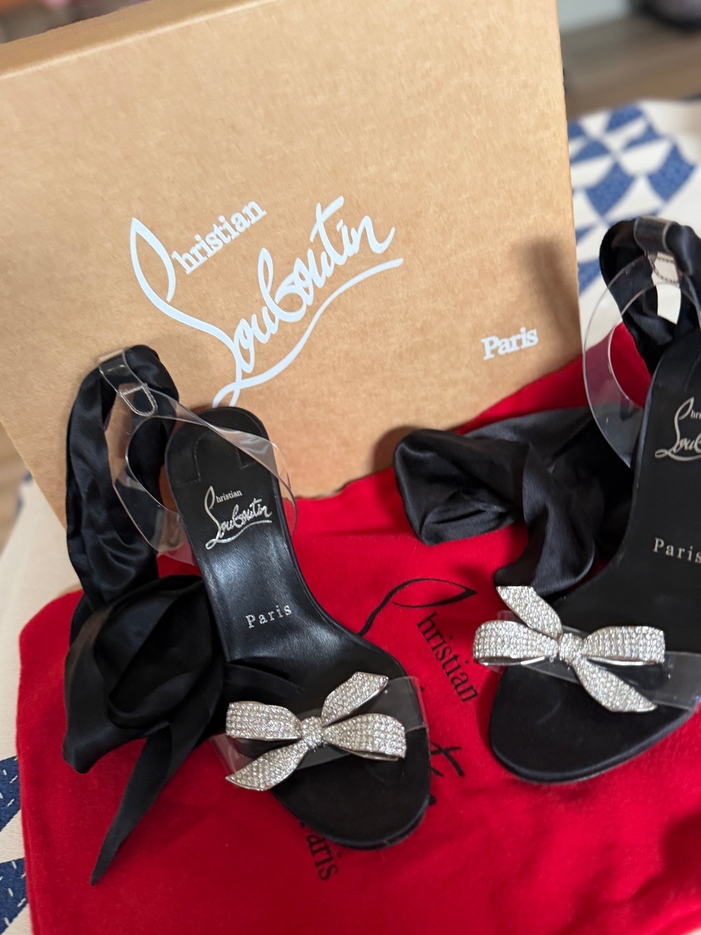 Christian Louboutin Black Satin Crystal Bow Ankle Tie Sandals